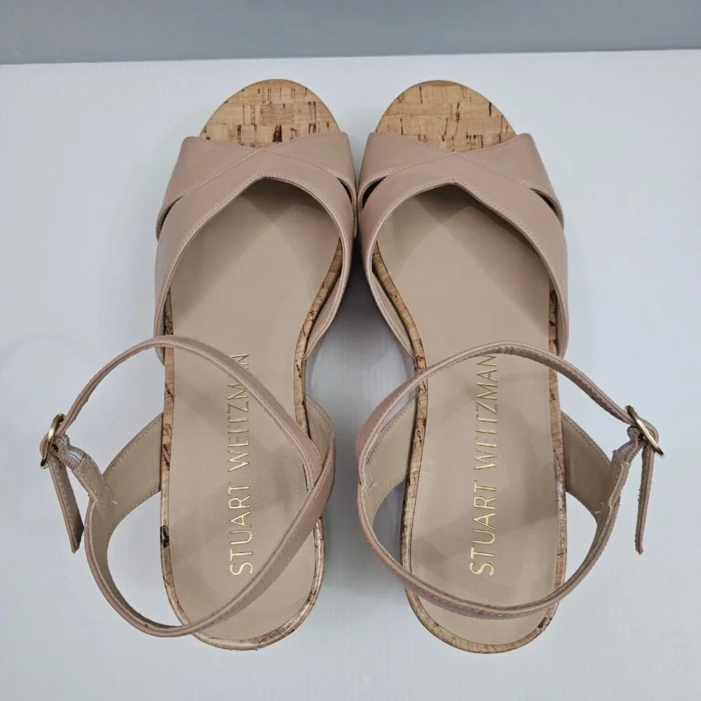 Stuart Weitzman Carmen Midi Wedge Sandal Womens 9.5 Beige Tan Platform Cork